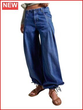 Women Mid Rise Wide Leg Jeans Pleated Drawstring Ankle Denim Pants